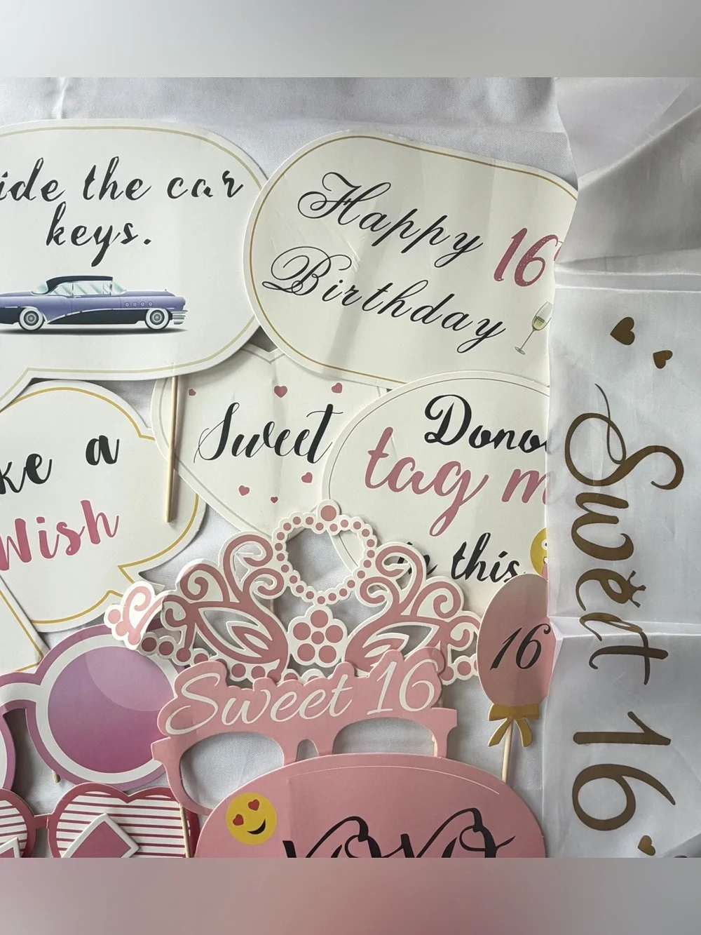 Lot of 16 Sweet 16 party photo booth props with 1 white sash